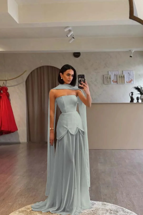 Ivory Strapless Pearls Spliced Prom Dress ZT0685