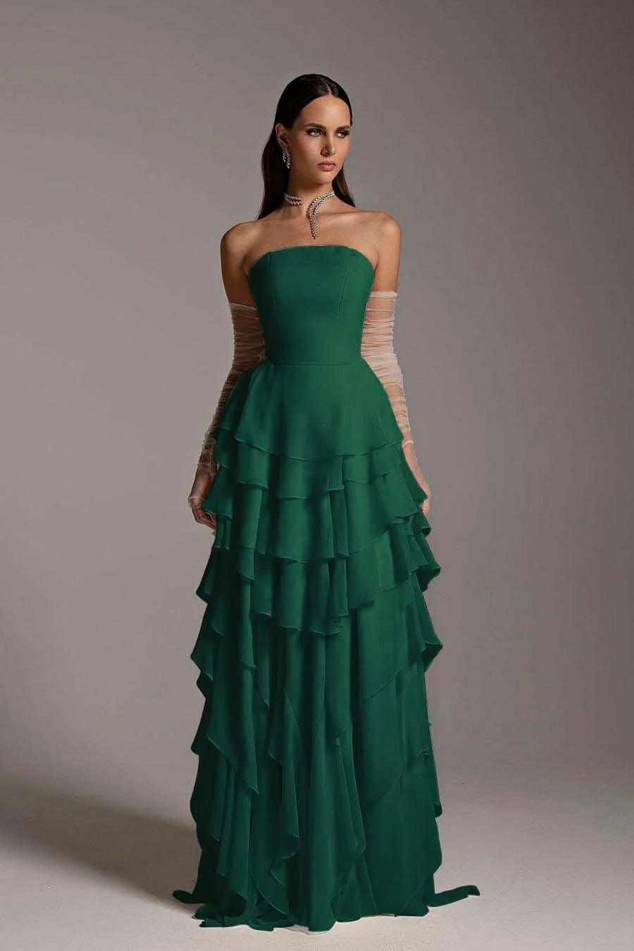 Chiffon Strapless Ruffles Elegant Prom Dress With Tulle Gloves