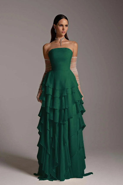 Chiffon Strapless Ruffles Elegant Prom Dress With Tulle Gloves