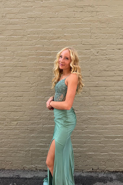 Cute Mermaid V Neck Sage Green Satin Prom Dress with Appliques