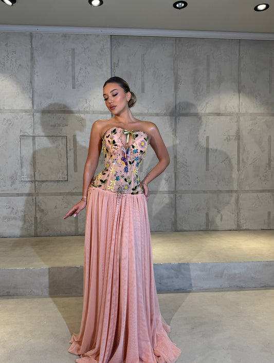 Pink Gown with 3D Floral Embellishments Prom Dress