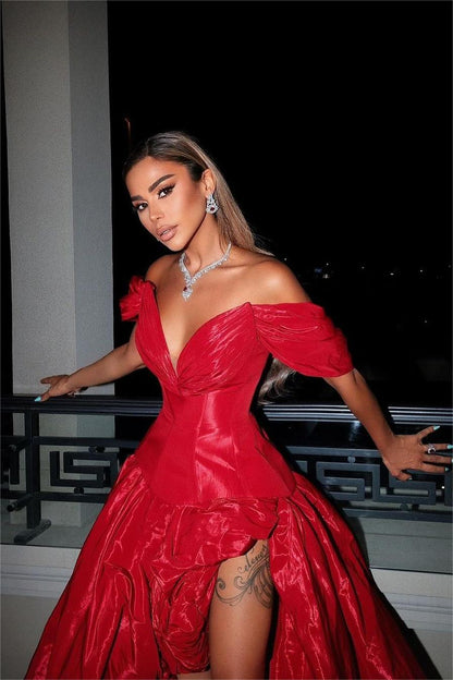 Red Off the Shoulder V Neck A Line Long Split Prom Dress With Ruffles