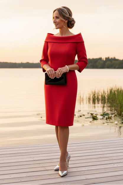 Elegant Red Off-the-Shoulder Knee-Length Sheath Dress with Pockets
