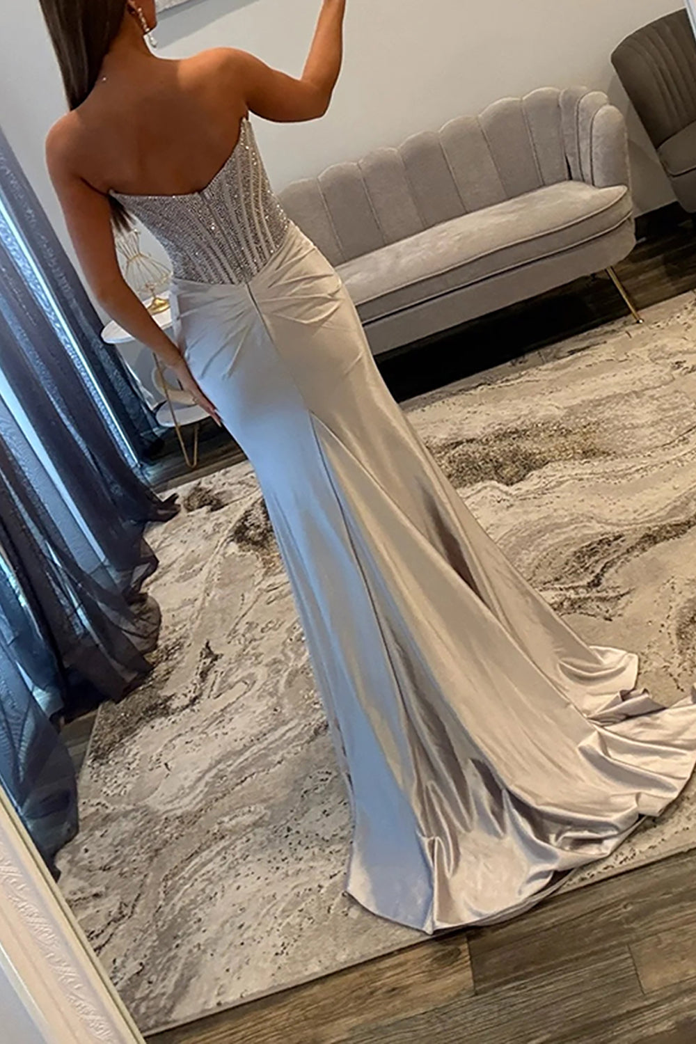 Mermaid Strapless Gold Satin Beaded Long Prom Dress