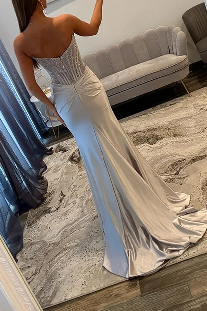 Mermaid Strapless Gold Satin Beaded Long Prom Dress