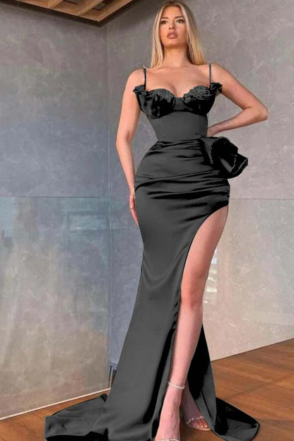 Spaghetti Straps Sleeveless Long Mermaid Prom Dress With Pleated