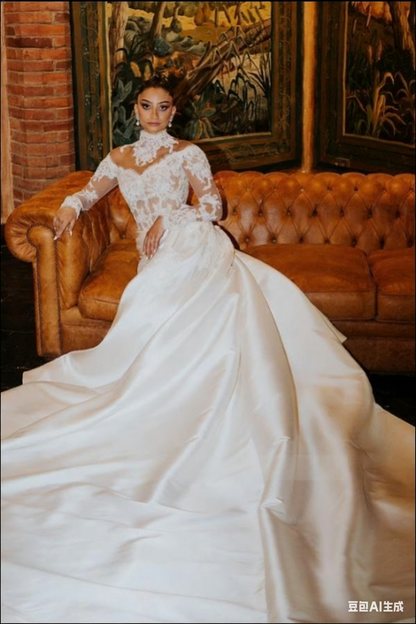 Chic White Mermaid High-Neck Long Sleeves Lace Ruffle Wedding Dress