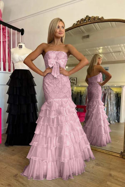 Stunning Strapless Prom Dress Mermaid Ruffles Beading with Bow