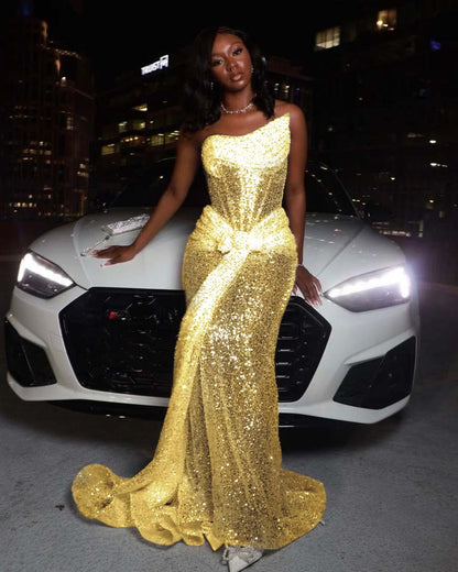 Asymmetric Strapless Sleeveless Long Pleated Mermaid Prom Dress