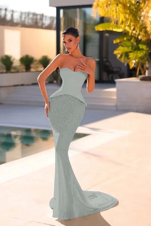 Light Blue Sweetheart Strapless Mermaid Beaded Rhinestones Prom Dress