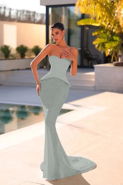 Light Blue Sweetheart Strapless Mermaid Beaded Rhinestones Prom Dress