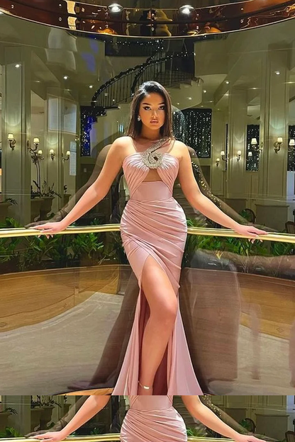 Stunning Pink Strapless Sleeveless Pleated Prom Dress with Split