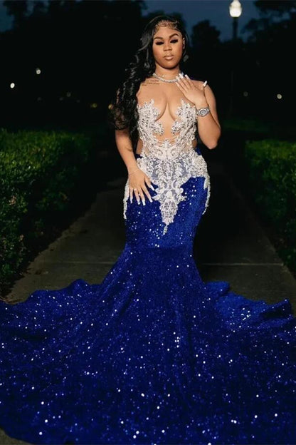 Royal Blue Sleeveless Scoop Prom Dress Mermaid Sequins With Beadings