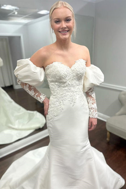 White Appliques Strapless Trumpet Wedding Dress