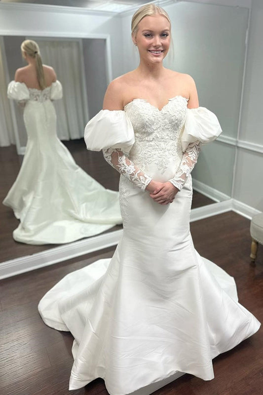 White Appliques Strapless Trumpet Wedding Dress