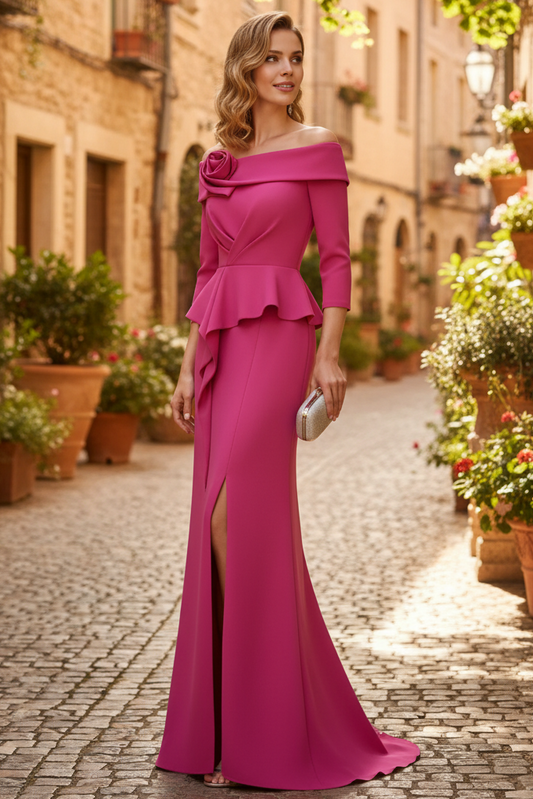 Elegant Fuchsia Off the Shoulder 3/4 Sleeve Formal Gown