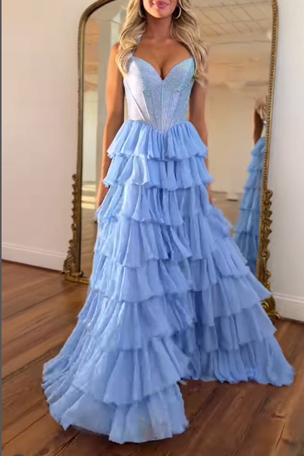 Charming A-Line Strapless Ruffle Tiered Chiffon Long Prom Dress