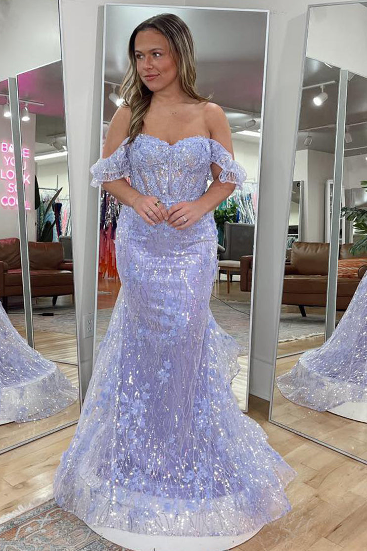 Mermaid Off the Shoulder Lavender Sequin Lace Prom Dress