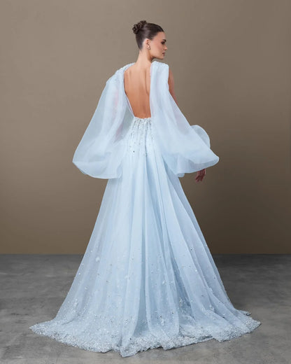 Chic Sky Blue Spaghetti-Straps Mermaid Prom Dress With Tulle Appliques Train