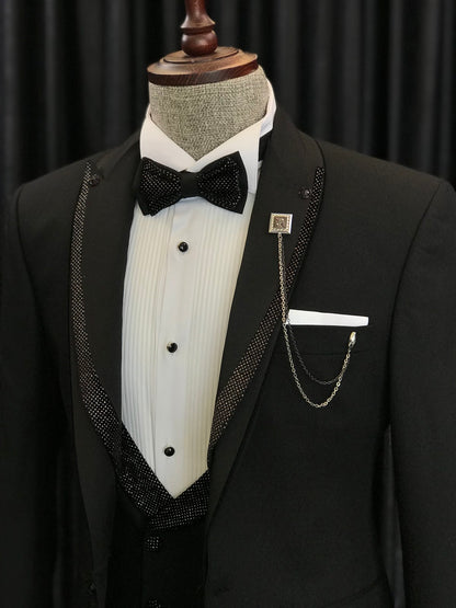 Benjamin Special Design Black Wedding Suits With Sparkle Black Peaked Lapel
