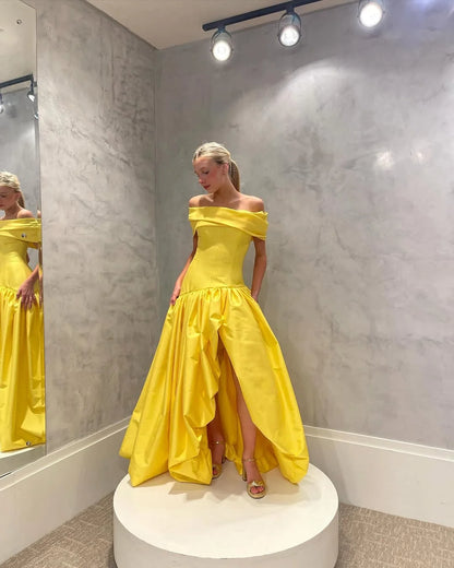 Yellow Lovely Vibrant Off-The-Shoulder Split Prom Dress ZT0772