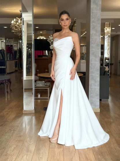 Red Strapless Beaded Pleated Long Prom Dress