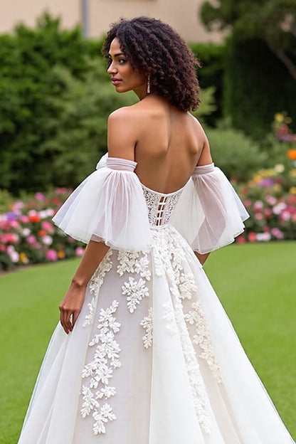 Ruffles Sleeves Off-the-Shoulder Princess Tulle Wedding Dress
