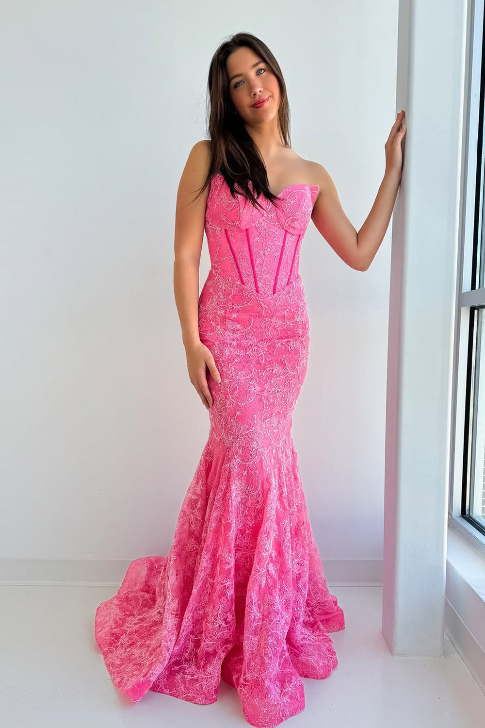 Mermaid Strapless Pink Lace Long Prom Dress