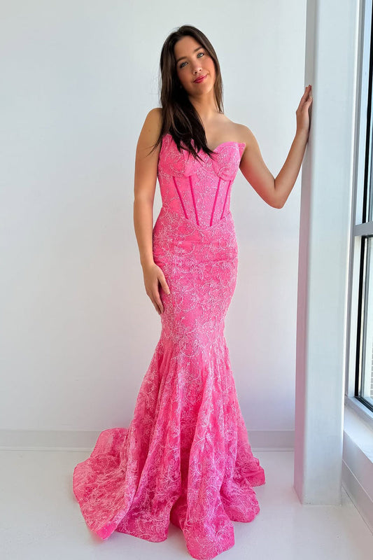 Mermaid Strapless Pink Lace Long Prom Dress