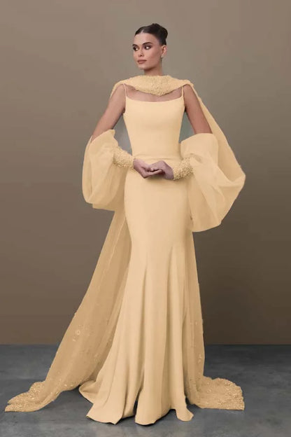 Chic Sky Blue Spaghetti-Straps Mermaid Prom Dress With Tulle Appliques Train