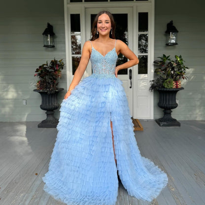 Tulle Ruffles A Line Prom Dresses Long for Women Lace Appliques Evening Gowns