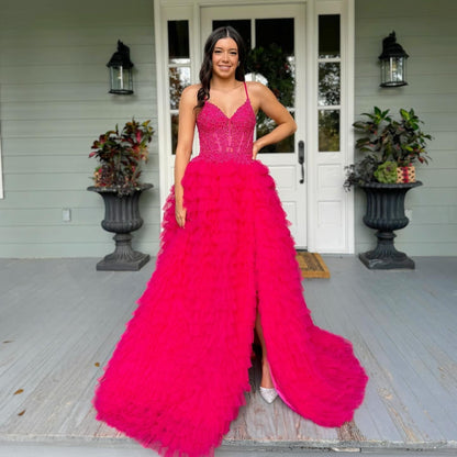 Tulle Ruffles A Line Prom Dresses Long for Women Lace Appliques Evening Gowns