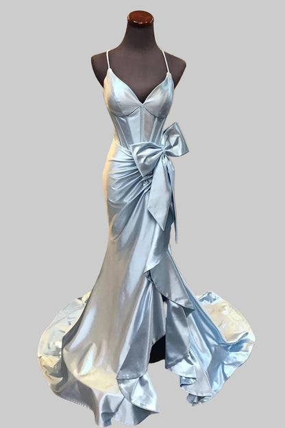 Straps Lilac Satin Mermaid Formal Dress with Bow