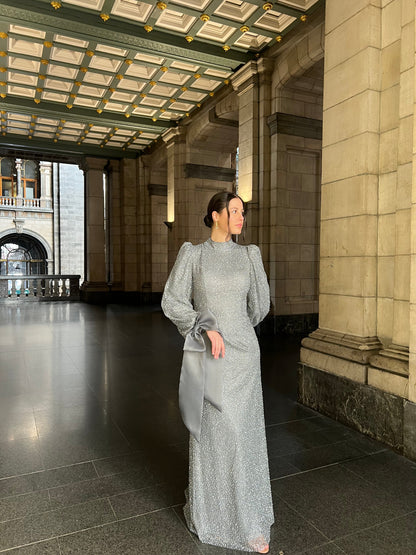 Grey Column Long Sleeves High Neck Bowknot Stunning Evening Gown
