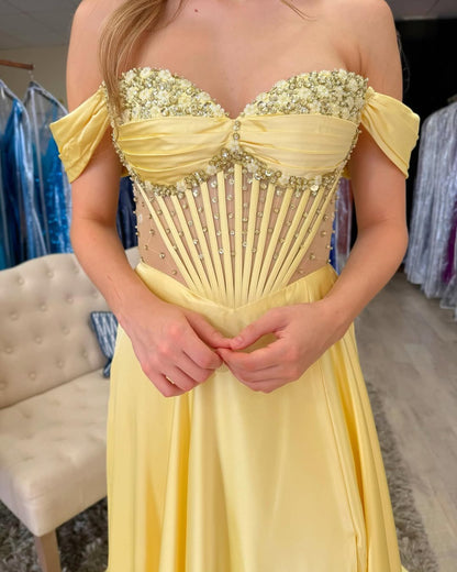 Long Satin Beaded A Line Corset Evening Party Dresses