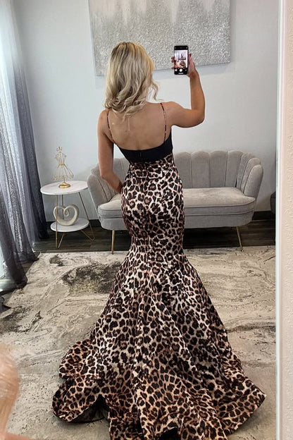 Fashion Mermaid V Neck Leopard Print Prom Dress with Bow