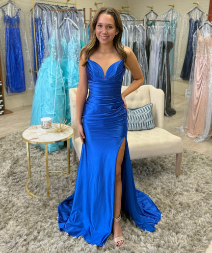 Women's Royal Blue Satin Mermaid Prom Dresses Long Evening Party Gowns