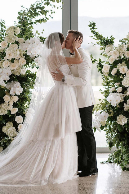 Charming A Line Sweetheart White Tulle Wedding Dress with Ruffles