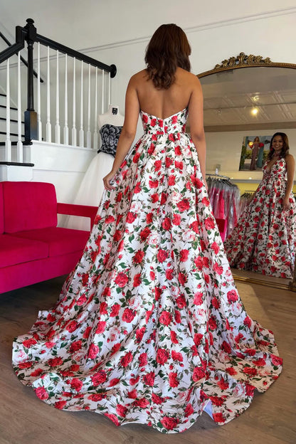 A Line Deep V Neck Floral Printed Satin Prom Dress