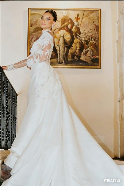 Chic White Mermaid High-Neck Long Sleeves Lace Ruffle Wedding Dress