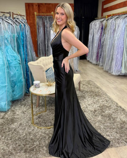 Black Satin Mermaid Prom Dresses Long with Slit Deep V Neck Evening Gowns
