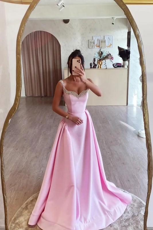 Candy Pink Double Straps Beaded A-Line Prom Dress