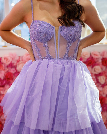 A Line Lilac Tulle Ruffles Prom Dresses Long Appliques Corset Evening Gowns