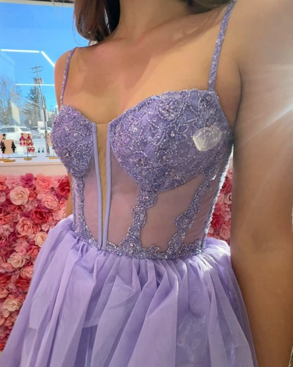 A Line Lilac Tulle Ruffles Prom Dresses Long Appliques Corset Evening Gowns