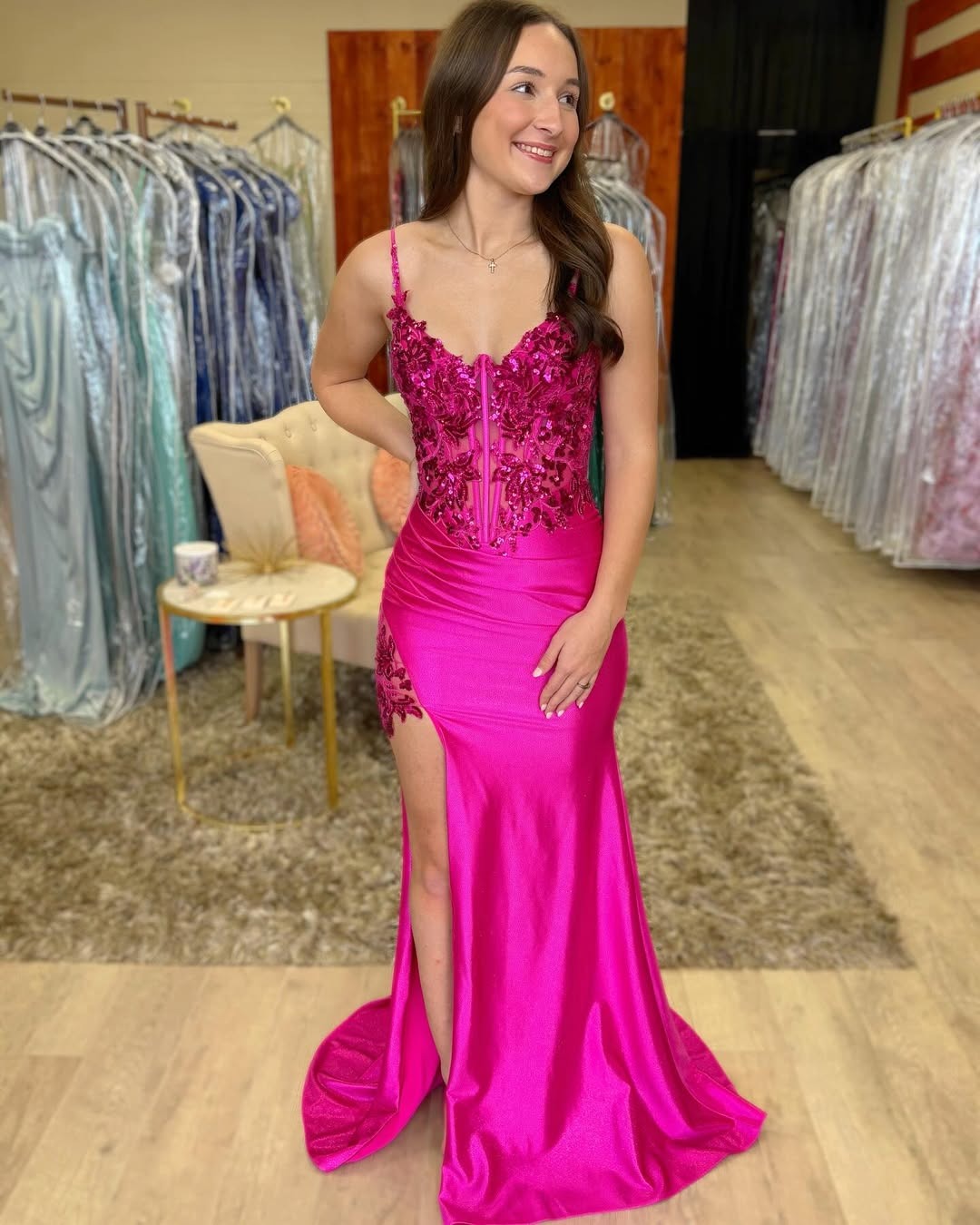 Satin Lace Beaded Prom Dresses Long