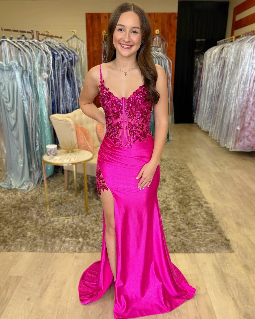 Satin Lace Beaded Prom Dresses Long