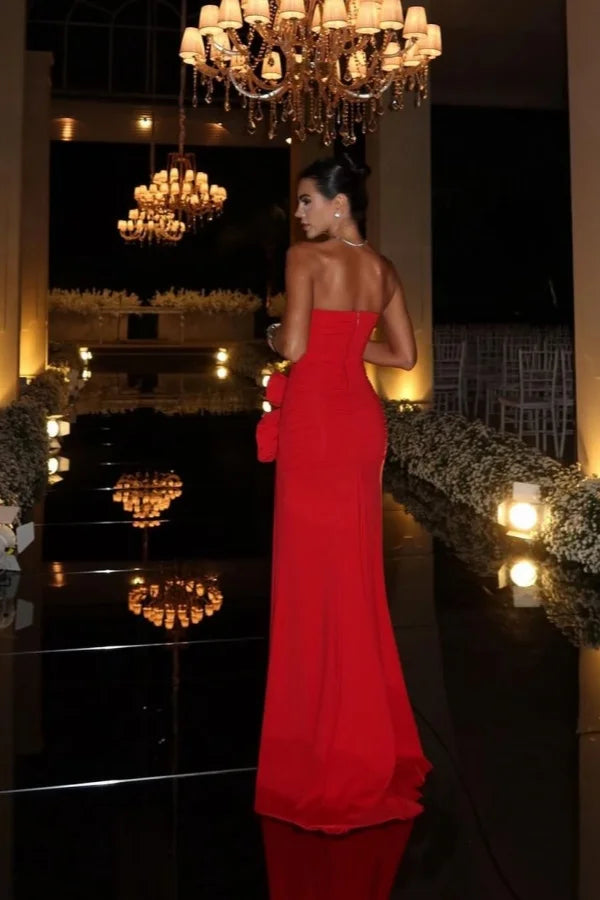 Red Handmade Flower Split Strapless Evening Dress