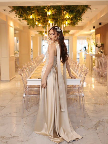 A-Line Prom Dress Sleeveless Satin with Beaded