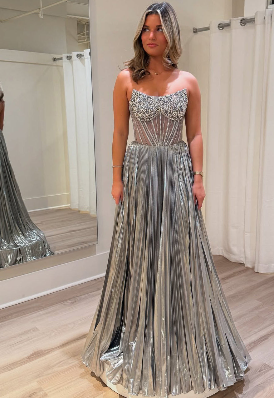 Sweetheart Long Prom Dresses for Women Metallic Satin Beaded Evening Gowns