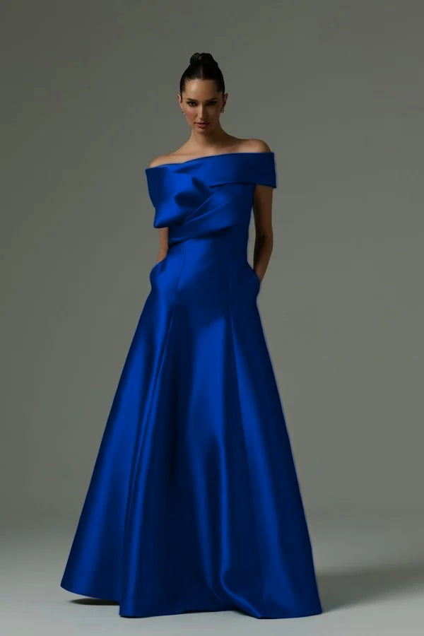 Off the Shoulder Sleeveless Long Prom Dress With Pleated Pocket